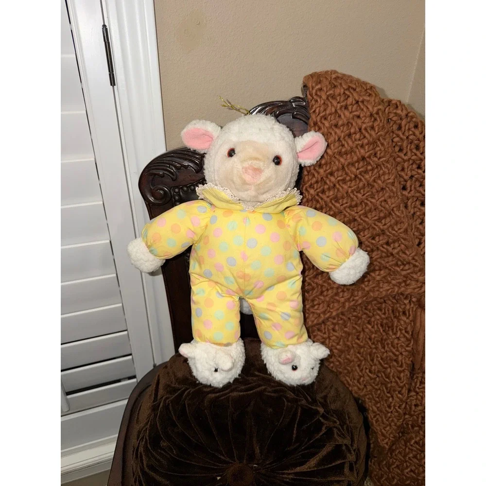 Vintage Plush Creations Lamb‎ Sheep Yellow Polka Dot Pajamas Slippers 14 Inch